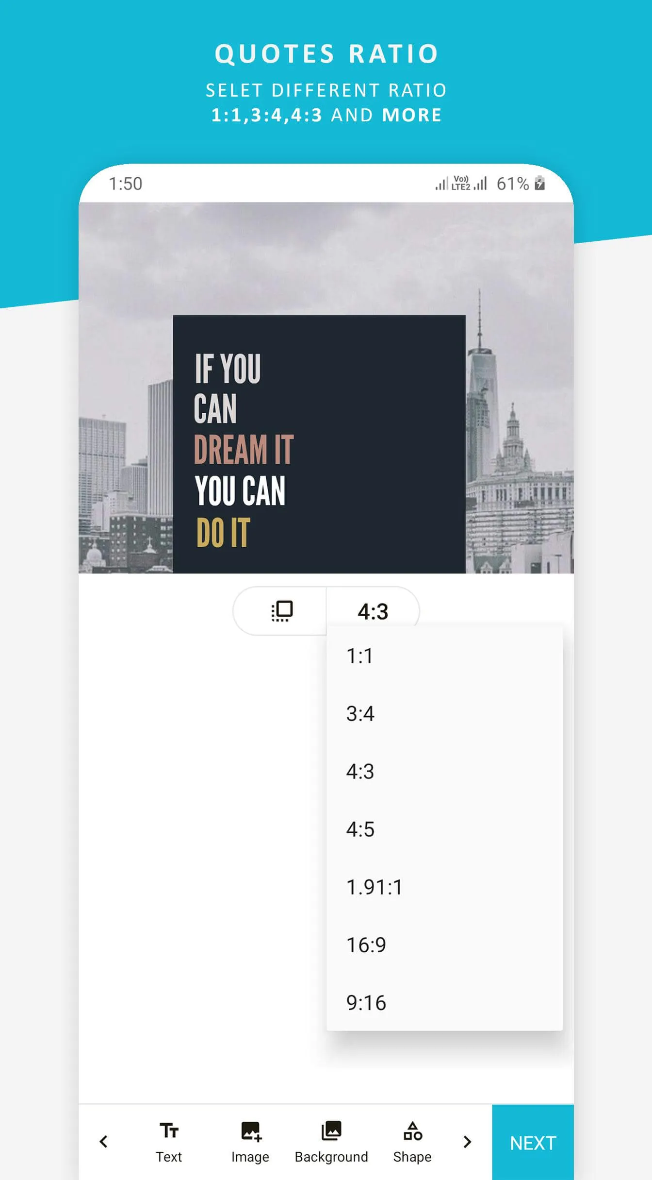 Quotes Creator editor screen with text effects